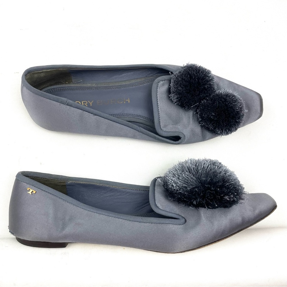 Tory Burch Slate Gray Satin Pom-Pom Loafers